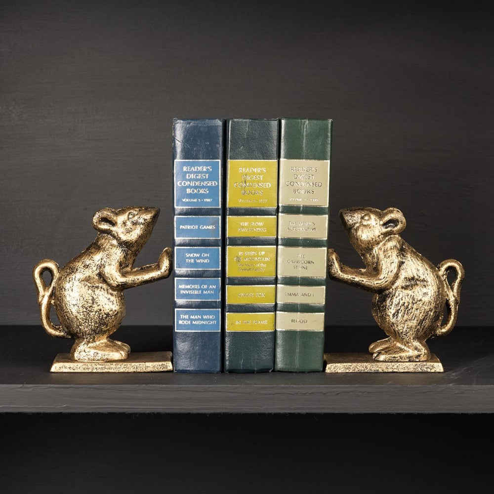 Gold mouse bookends holding three books on a black shelf against a dark background.