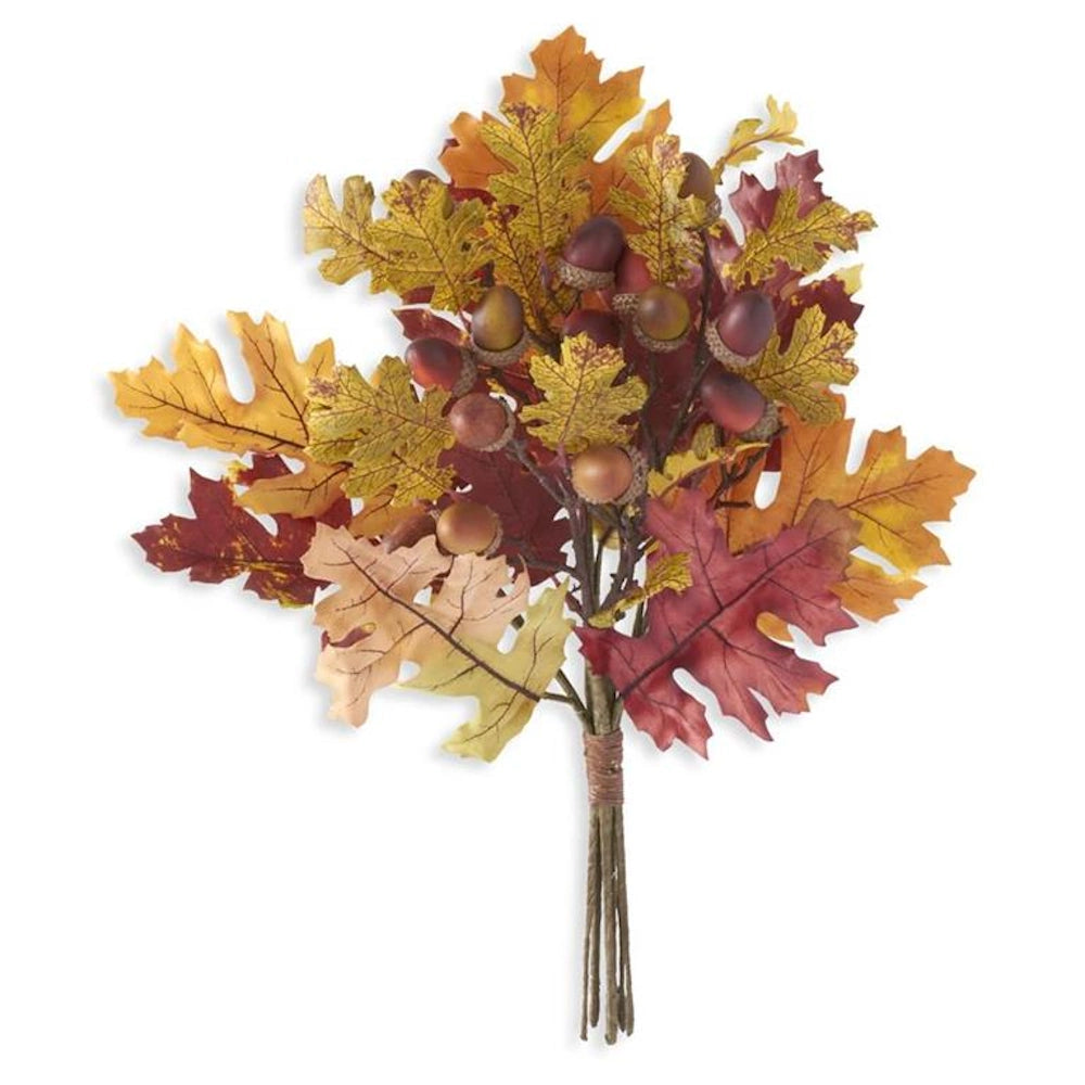 Artificial fall oak leaves bundle with multicolor red, orange, and yellow foliage and decorative acorns.