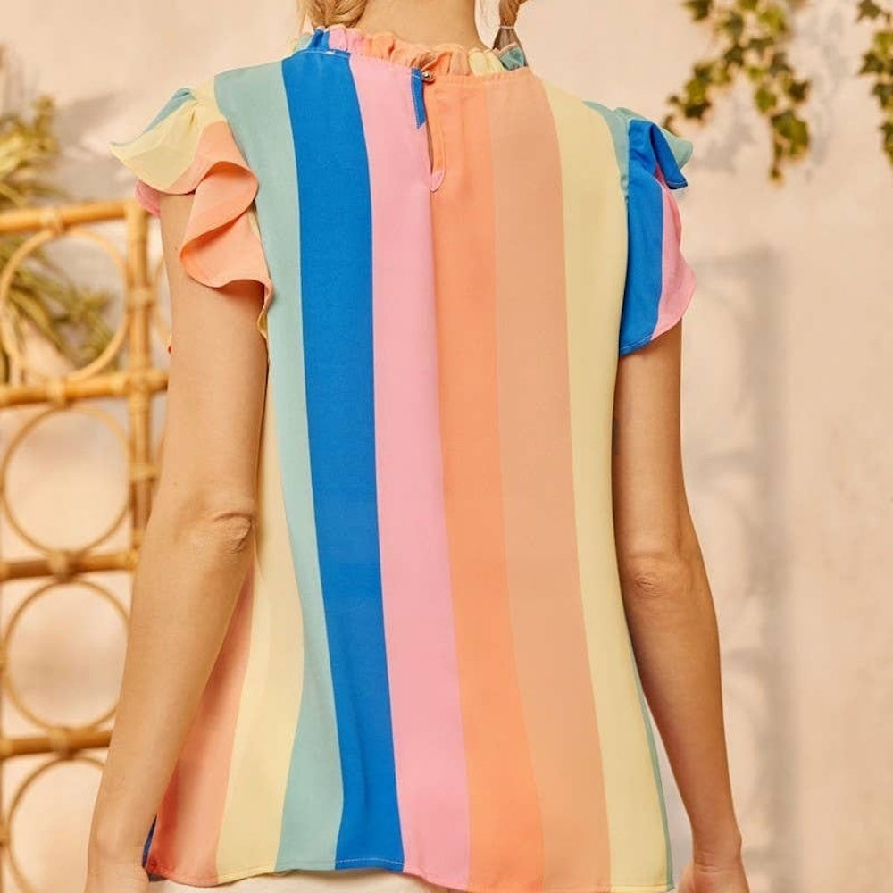 Back view of a multi-colored pastel striped sleeveless top with ruffle details and a keyhole closure.