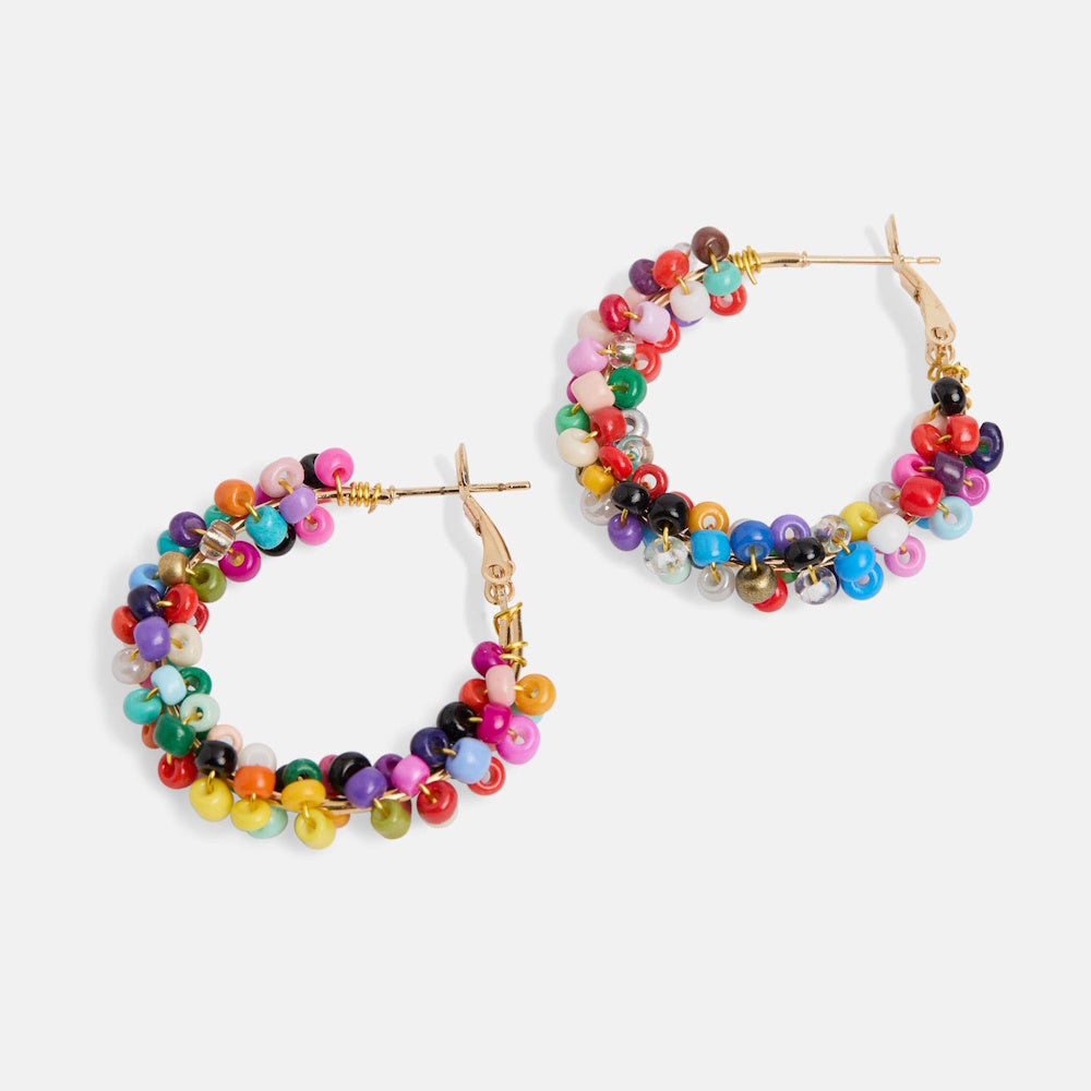 Multicolor beaded hoop earrings with vibrant glass seed beads and gold-tone metal hardware.