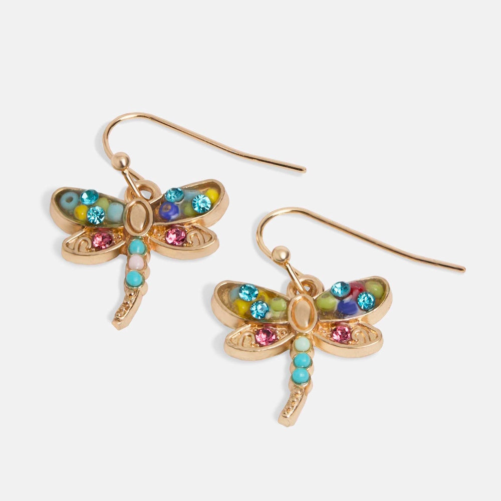 Gold dragonfly dangle earrings with multicolor beads and crystals. Whimsical insect jewelry for women.