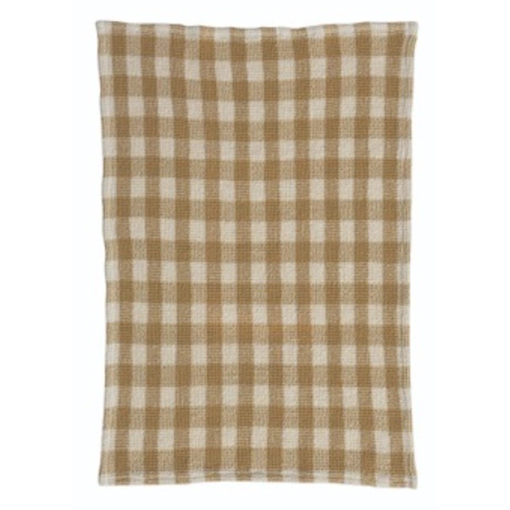 Brown and cream gingham waffle weave cotton tea towel laid flat.