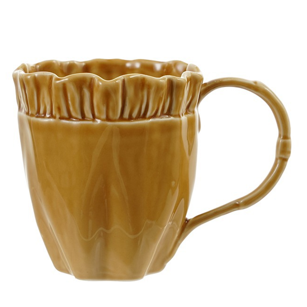 Glossy mustard yellow ceramic mug featuring a ruffled rim, pleated sides, and a sculpted handle.