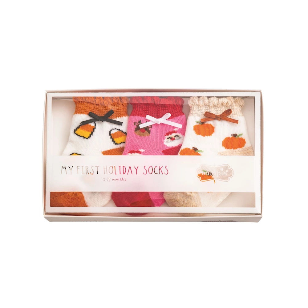 Mud Pie My First Holiday Socks gift set featuring candy corn, Santa, and pumpkin designs for 0-12 months.