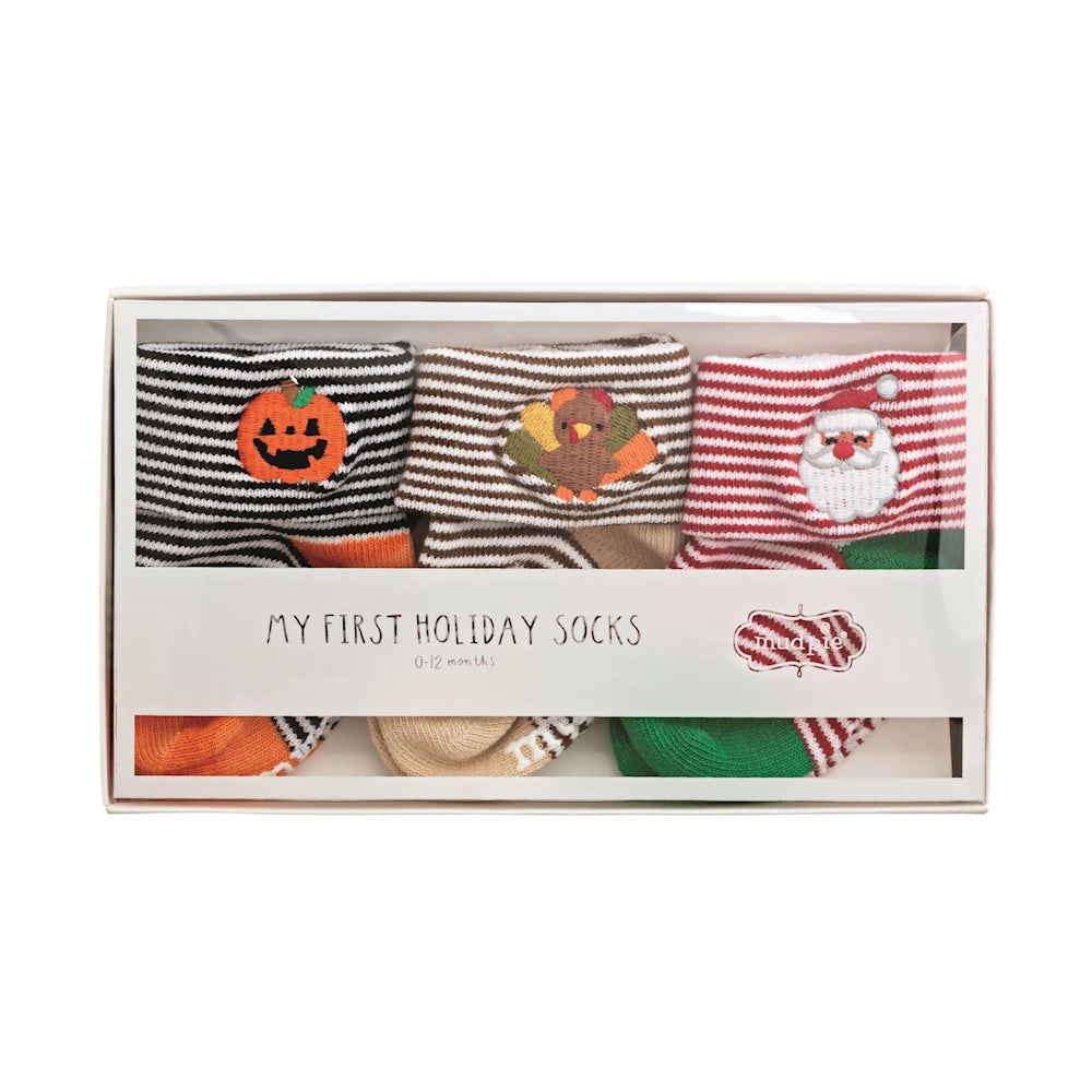 Mud Pie My First Holiday Socks gift set for 0-12 months with striped pumpkin, turkey, and Santa designs.