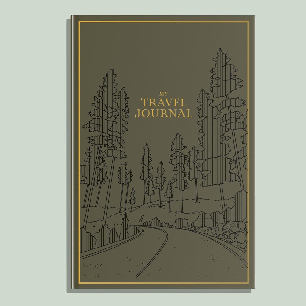 Olive green "My Travel Journal" with a gold border and a black line illustration of a winding road through a forest.