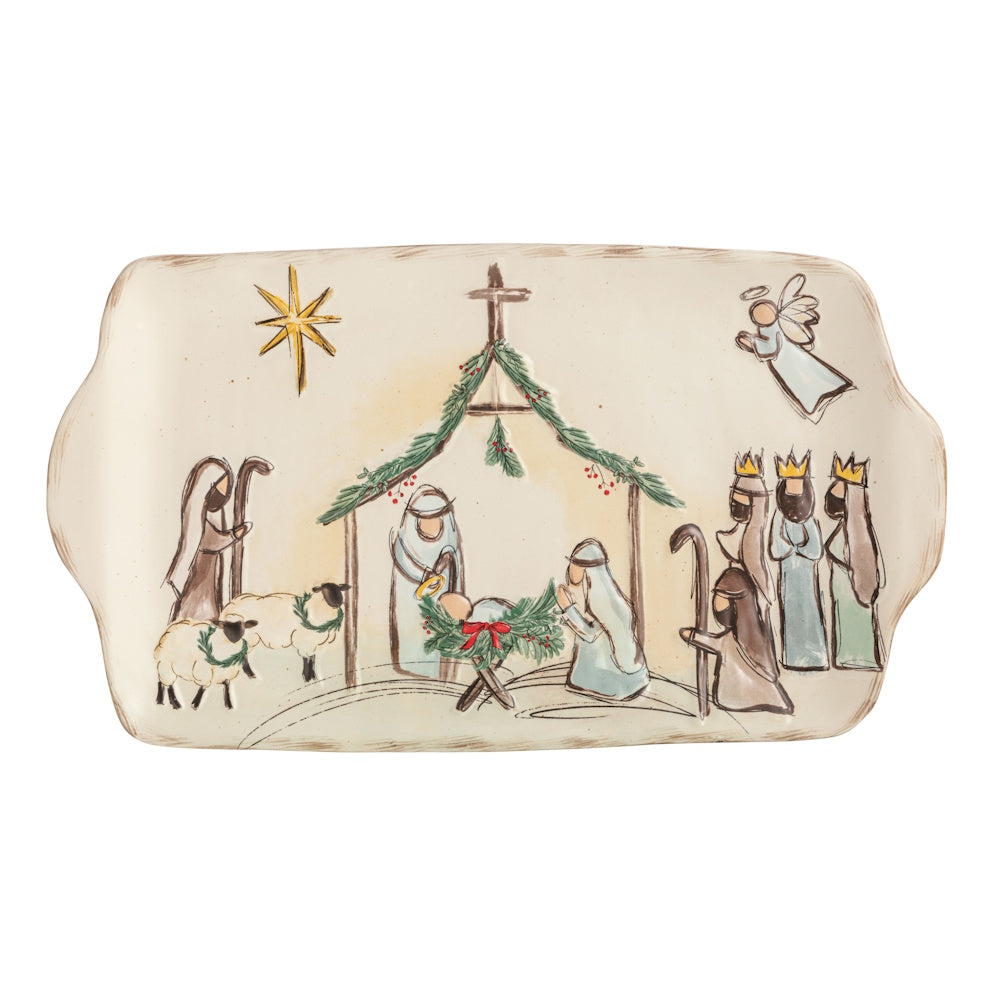 Nativity Christmas serving platter featuring a manger scene.