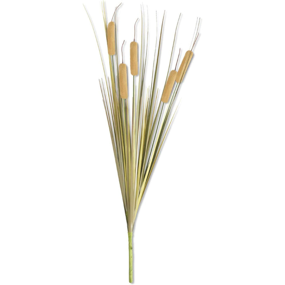 Artificial faux cattail stem pick with tall green blades of grass on a plain white background.