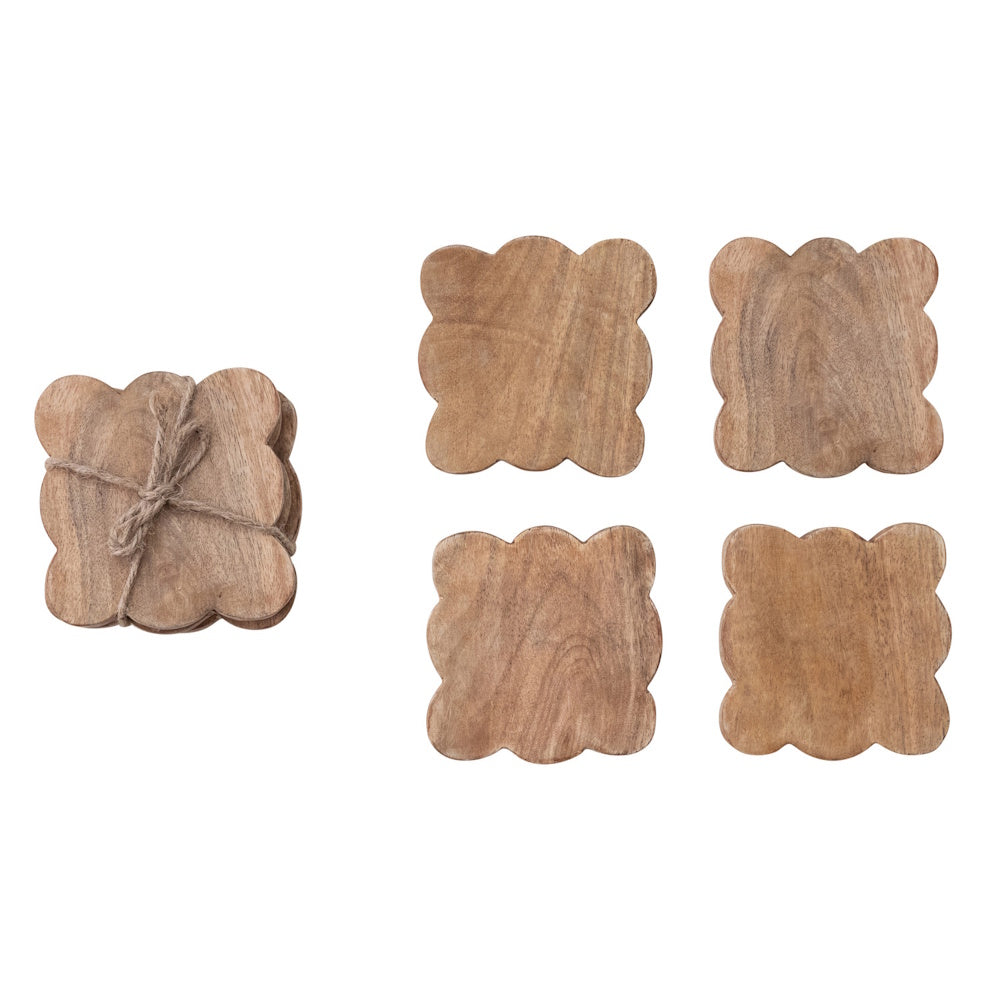 Set of 4 natural mango wood scalloped coasters, shown individually and stacked with twine tie.