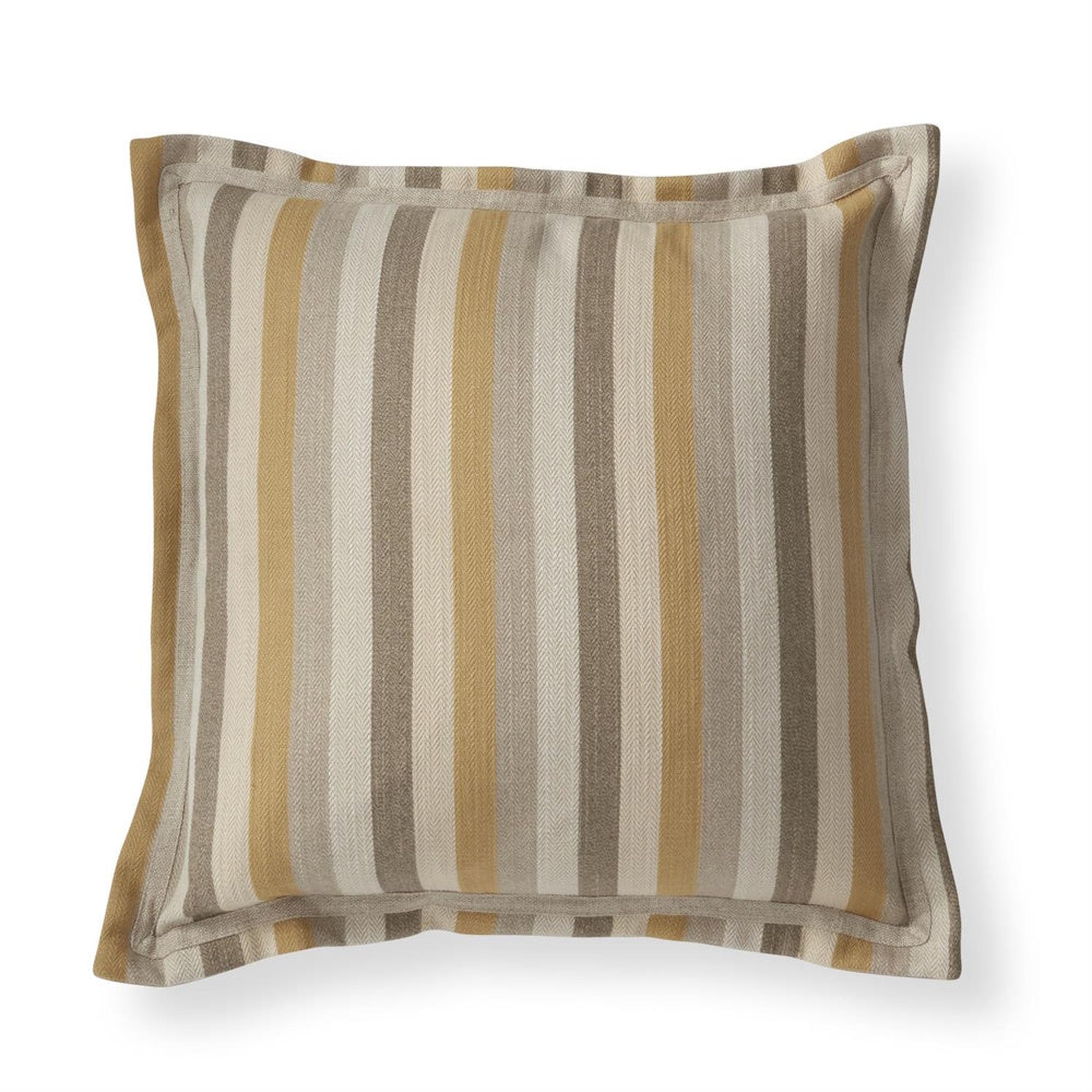 Square throw pillow with vertical mustard yellow, beige, and brown stripes and a flange border.
