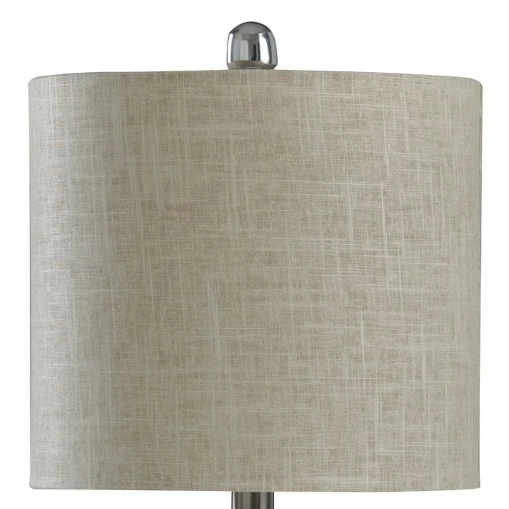 Natural light gray linen drum lamp shade with a textured crosshatch weave and silver finial top for home lighting decor.