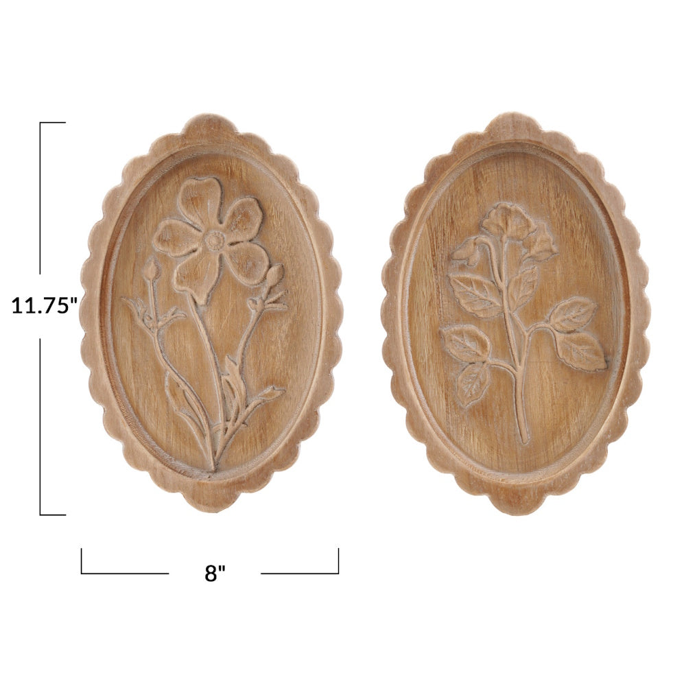 Natural wood scalloped oval wall decor with carved floral designs, measuring 11.75 by 8 inches.
