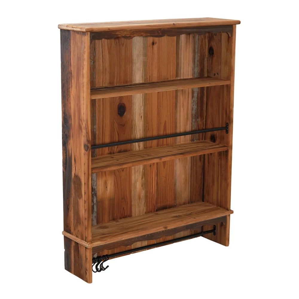 Rustic natural wood wall shelf with three tiers, black metal guard rails, and hanging hooks. Perfect for farmhouse decor.