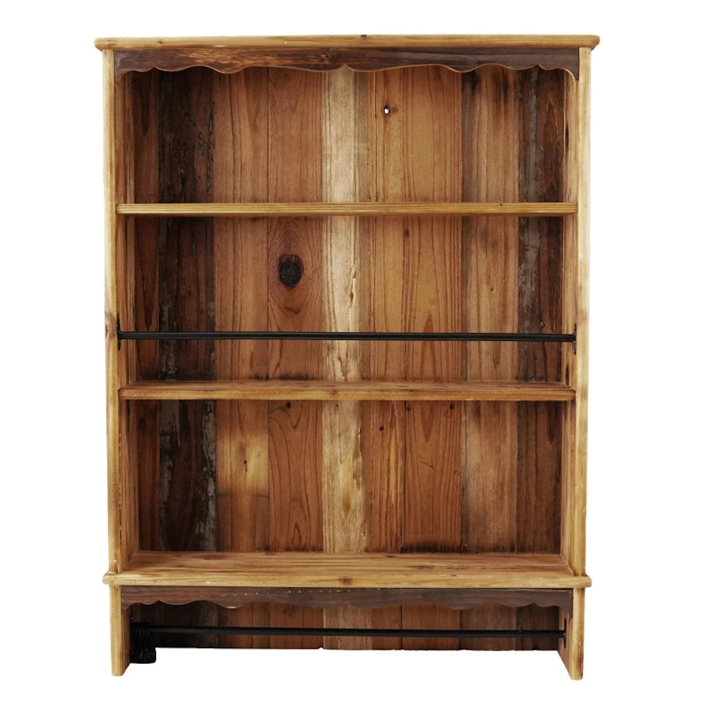 Rustic natural wood wall shelf with three tiers and black metal guard rails for farmhouse-style home organization.