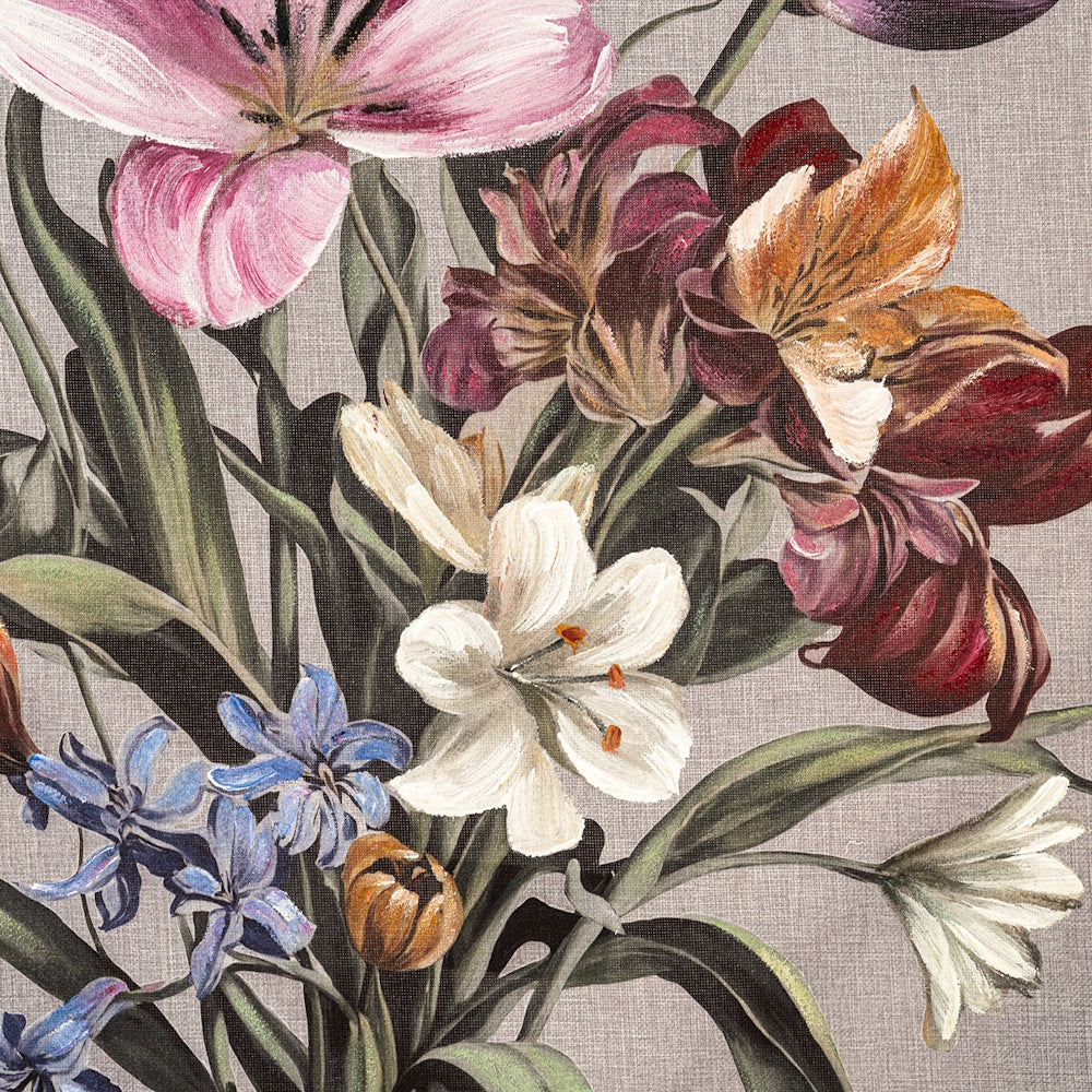 Vintage-style floral wall art featuring pink, white, and purple blooms with green leaves on a textured grey background.