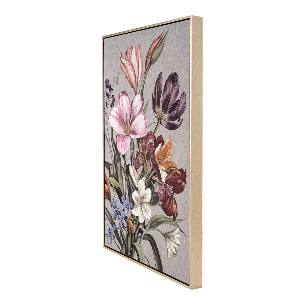 Framed canvas wall art featuring a vintage-style floral bouquet with pink, purple, and white lilies on a gray background.