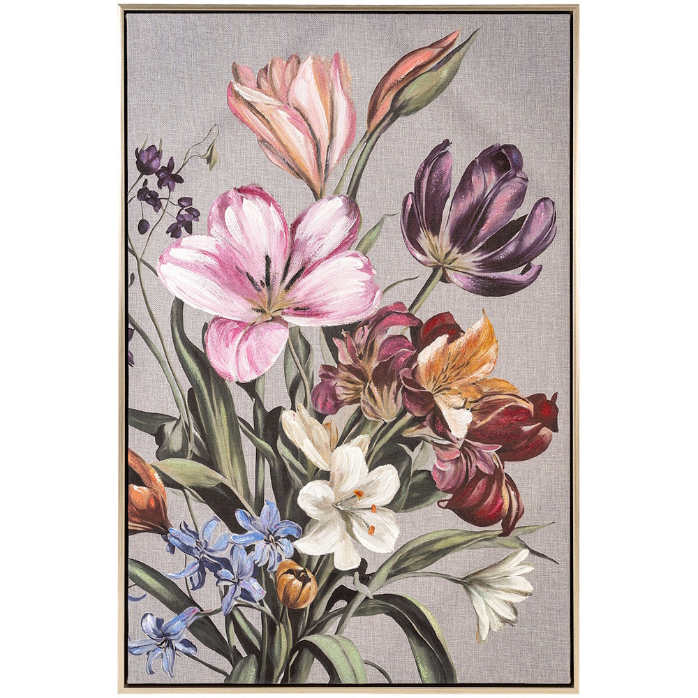Floral wall art featuring pink, purple, and white tulips in a gold frame against a gray textured background.