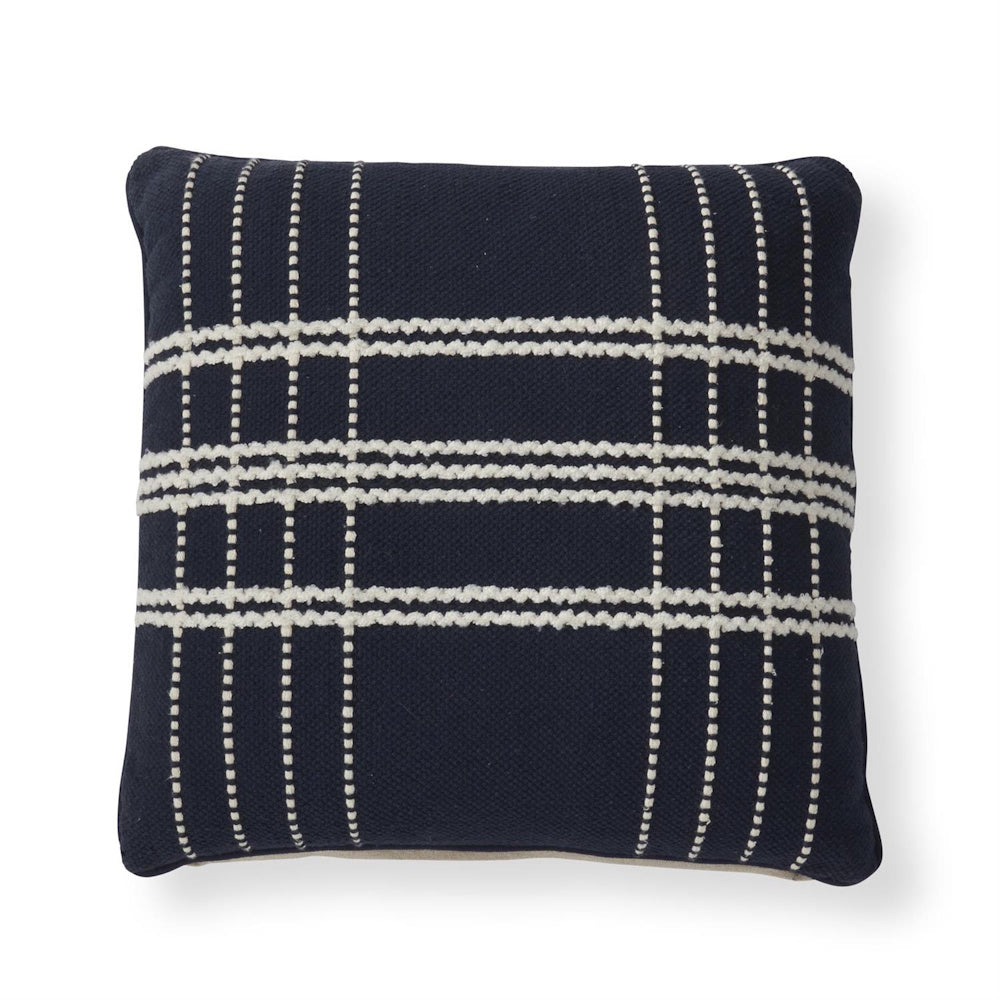 Square navy blue pillow featuring textured off-white stitched windowpane stripes.
