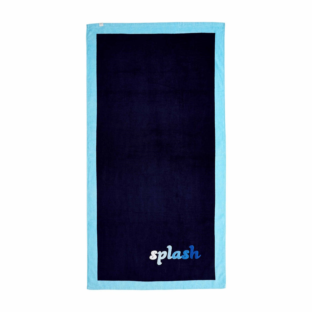 Navy blue and light blue bordered beach towel featuring "splash" embroidered in a blue gradient on a white background.