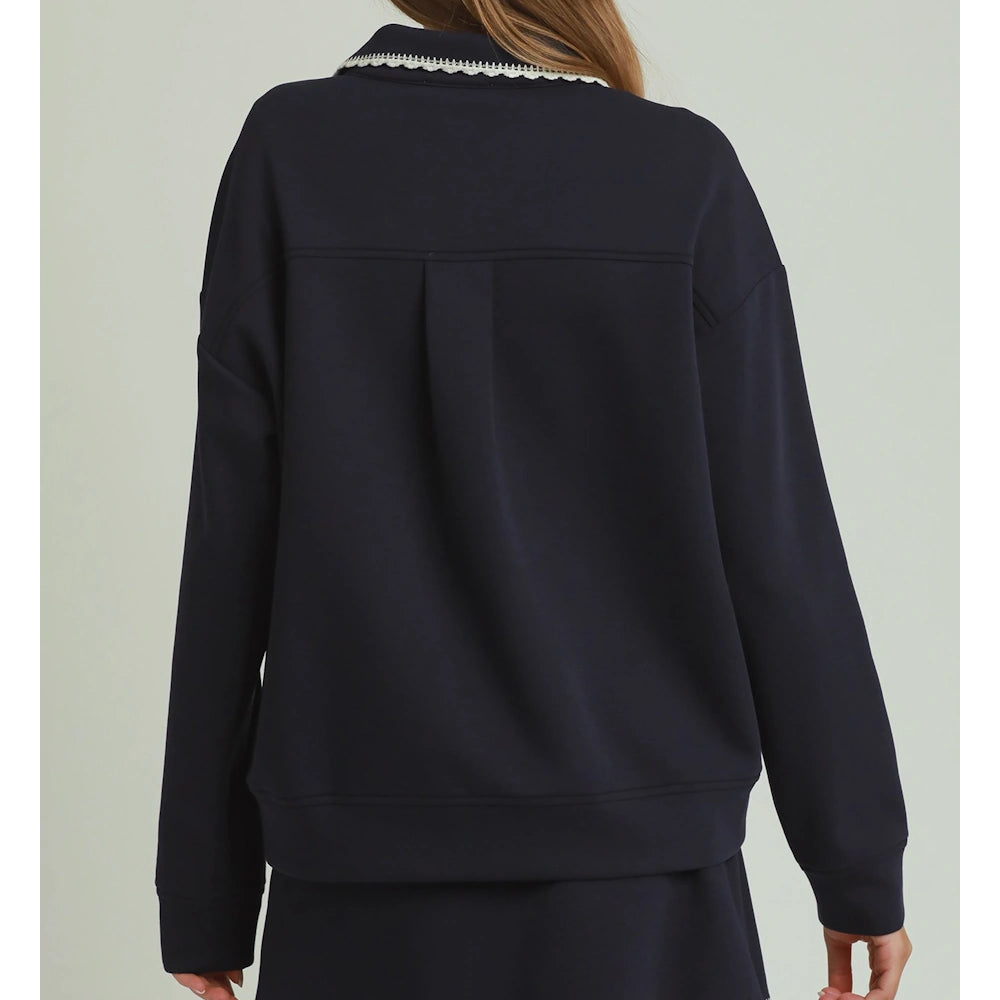 Navy LuxeCotton Long Sleeve Collared Pullover — alternate view 2