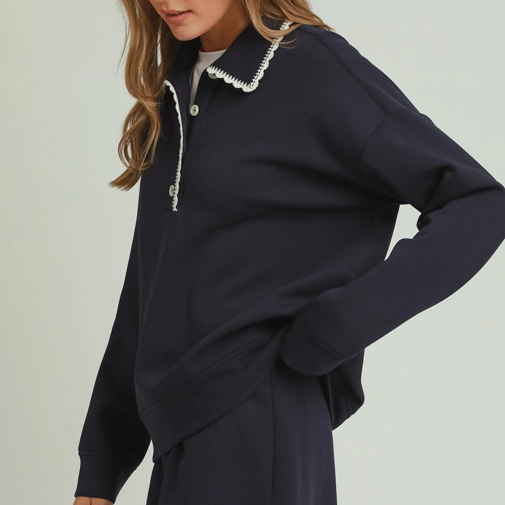 Navy LuxeCotton Long Sleeve Collared Pullover — alternate view 5