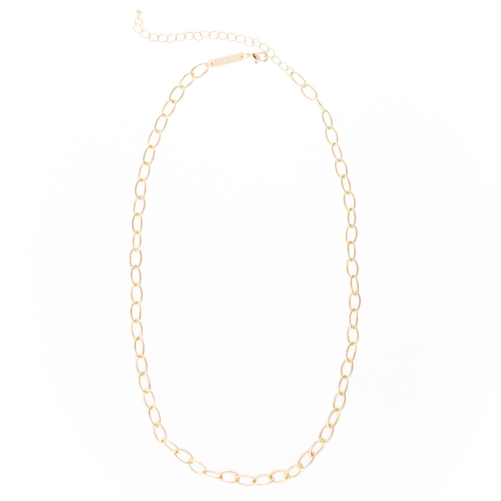 Gold paperclip chain necklace with an adjustable extender link and lobster clasp closure against white background.