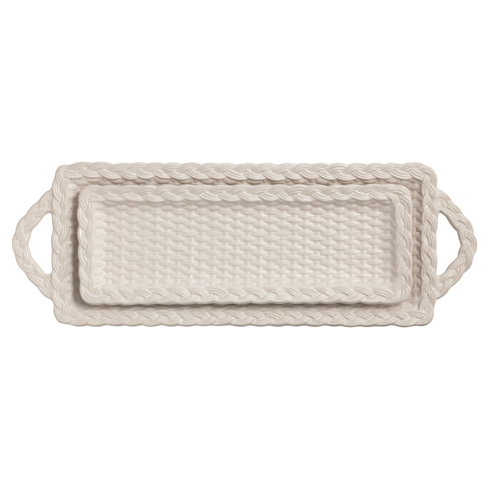 Set of 2 nested white woven ceramic trays with handles and a decorative lattice texture, ideal for home decor or serving.