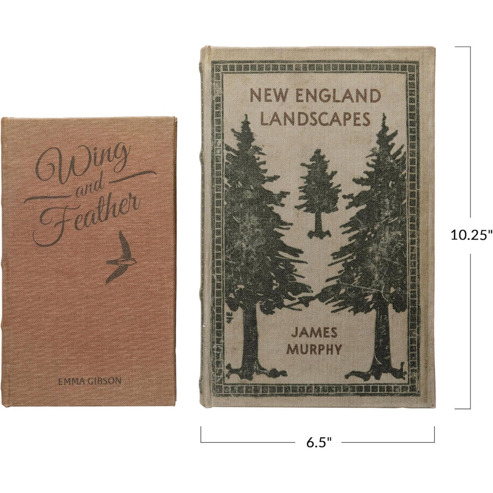 Wing and Feather by Emma Gibson and New England Landscapes by James Murphy decorative linen books with dimensions.