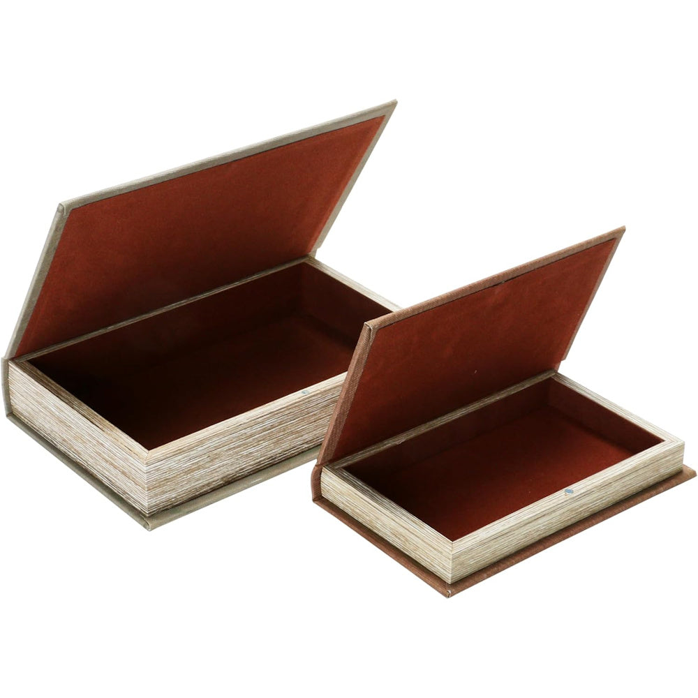 Set of 2 vintage decorative book boxes with red velvet interior lining for secret storage and home decor.