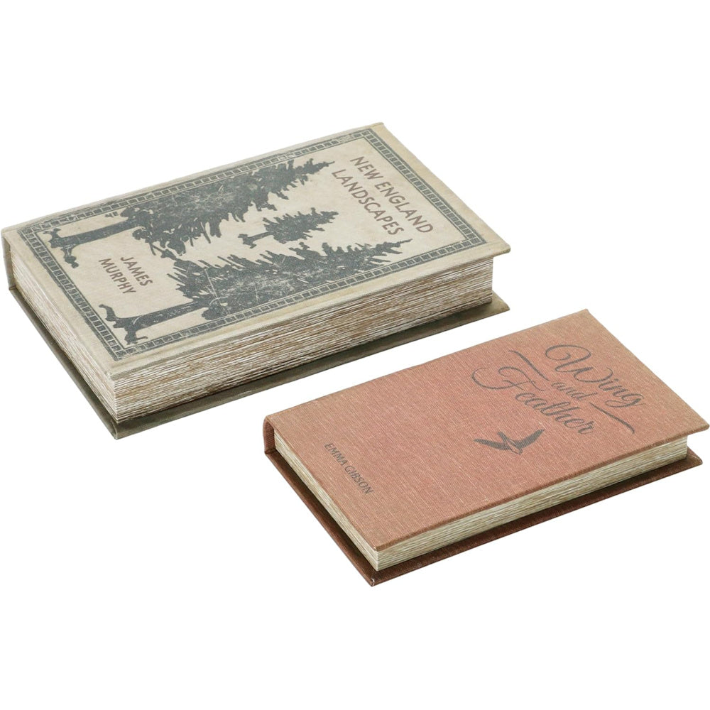 Two decorative linen books: "New England Landscapes" by James Murphy and "Wing and Feather" by Emma Gibson.