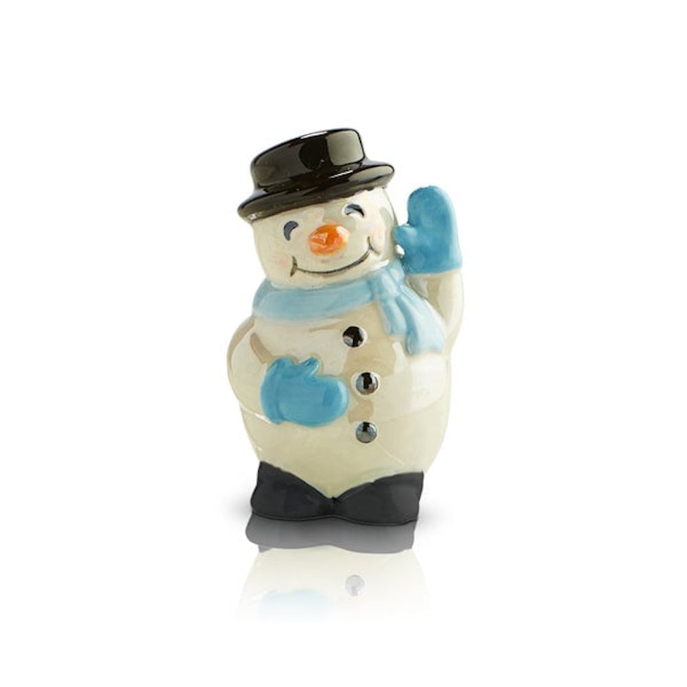 Ceramic snowman figurine with a black top hat, blue scarf, and blue mittens, smiling and waving.