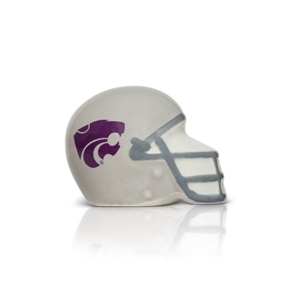 A small ceramic football helmet figurine with a purple wildcat logo on white background.