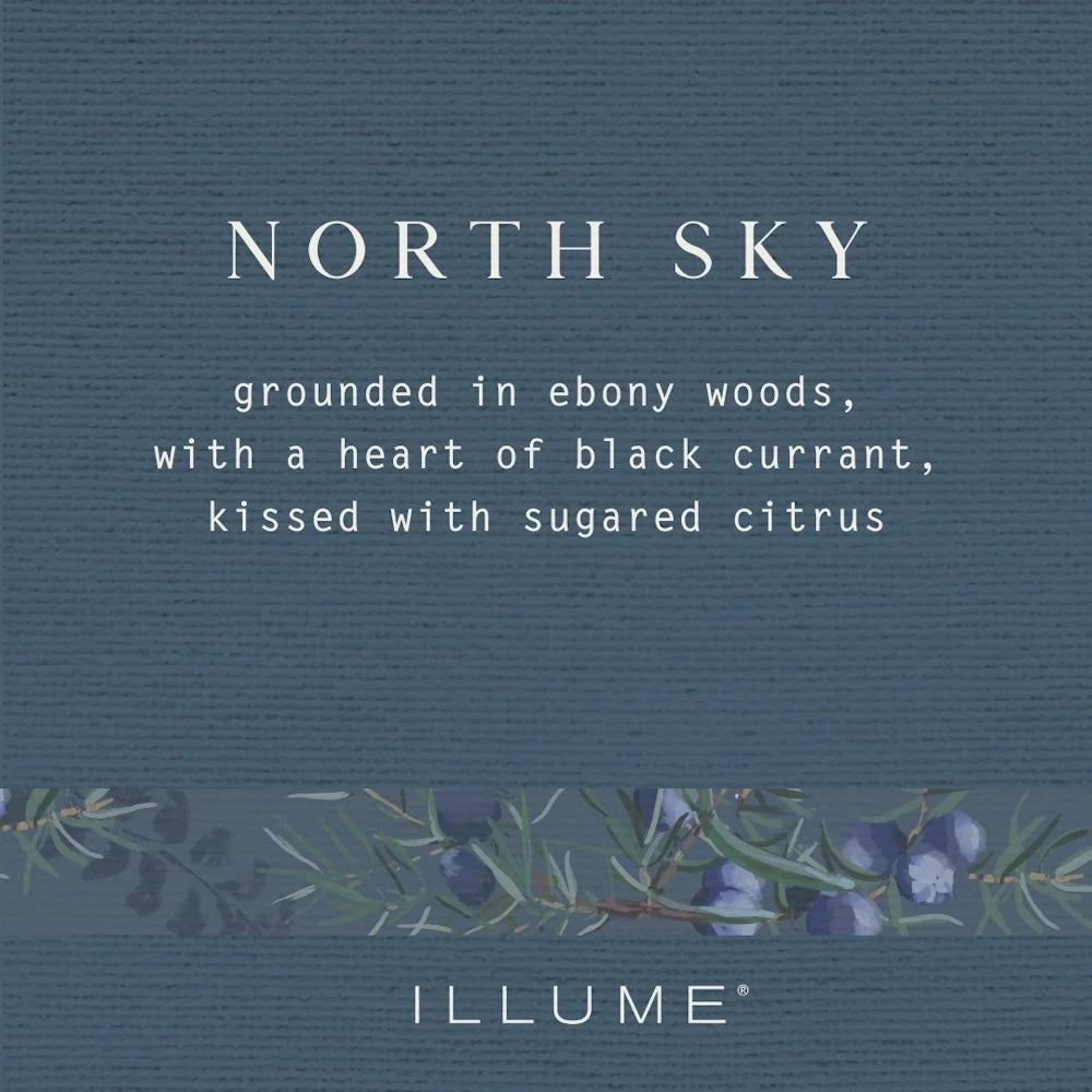 Blue textured graphic for Illume North Sky, featuring fragrance notes of ebony woods, black currant, and sugared citrus.