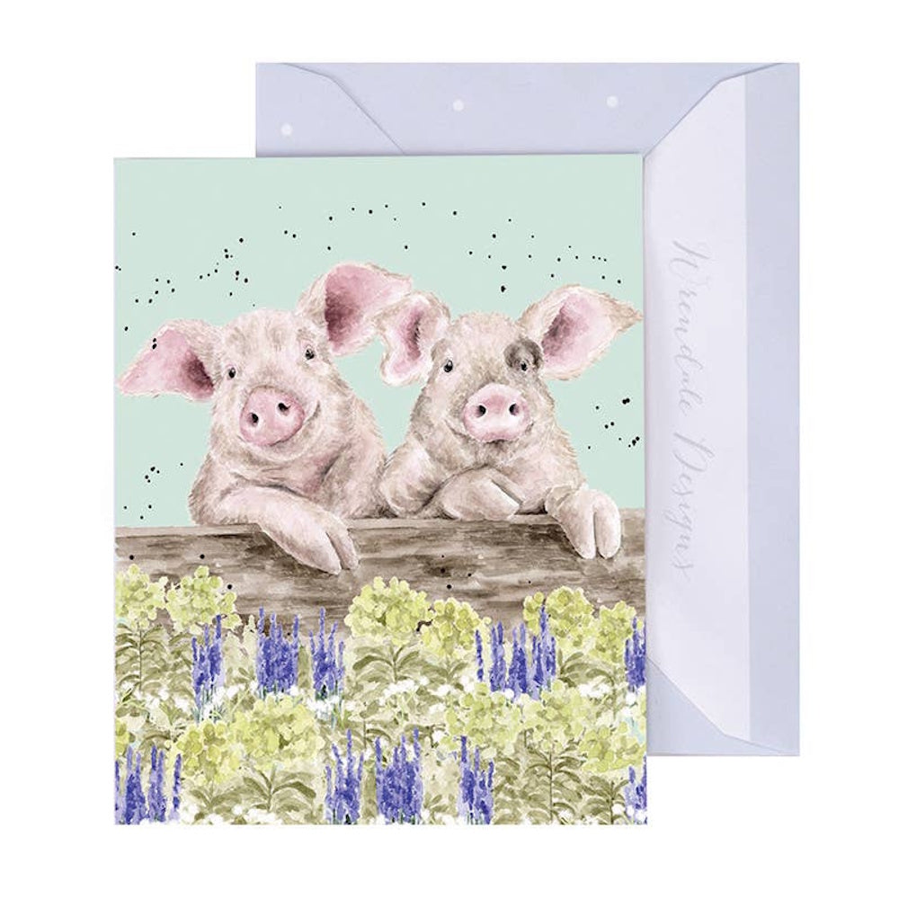 Watercolor illustration of two curious pigs peeking over a wooden fence with purple flowers and a white envelope.