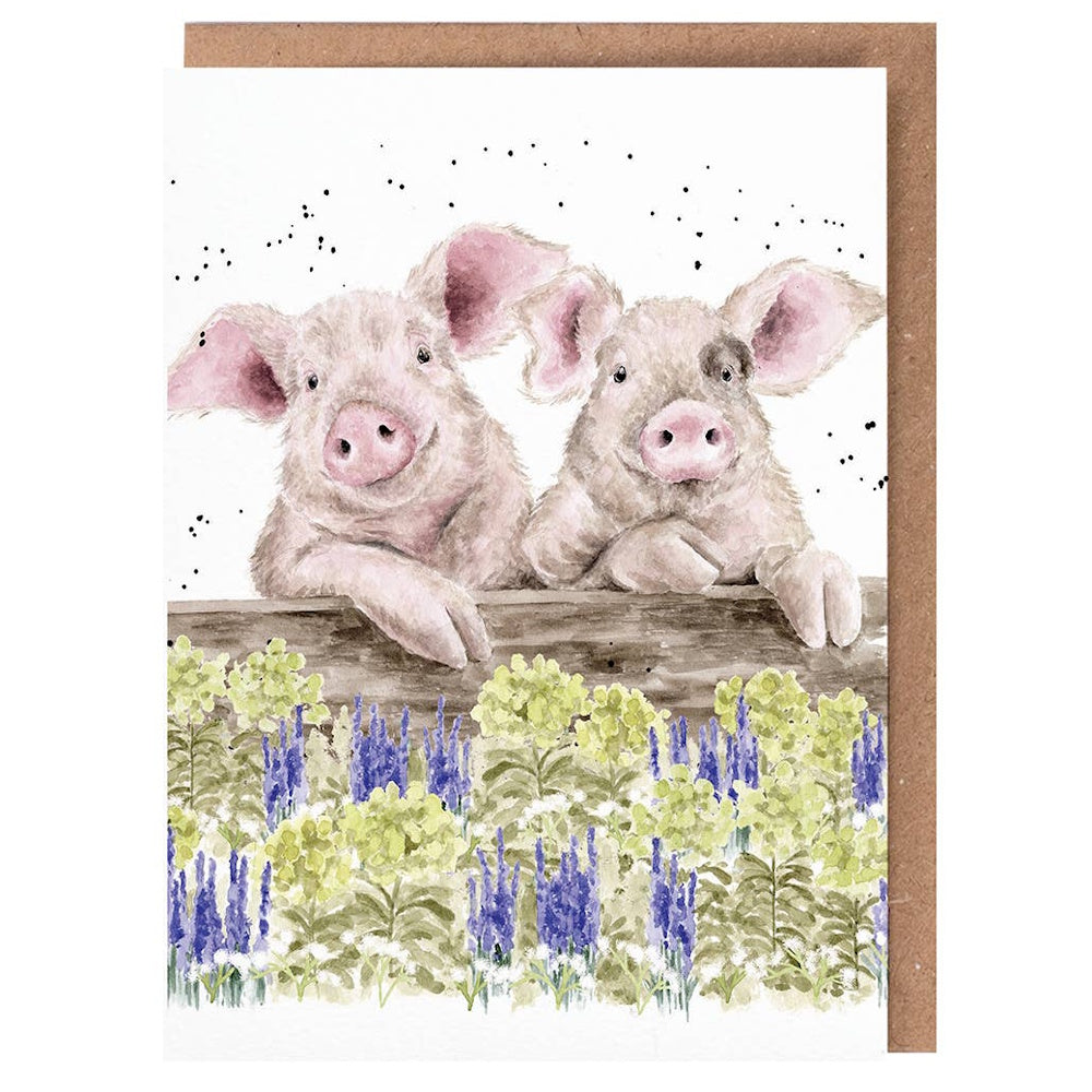 Watercolor illustration of two pigs peeking over a wooden fence with green and purple flowers in the foreground.