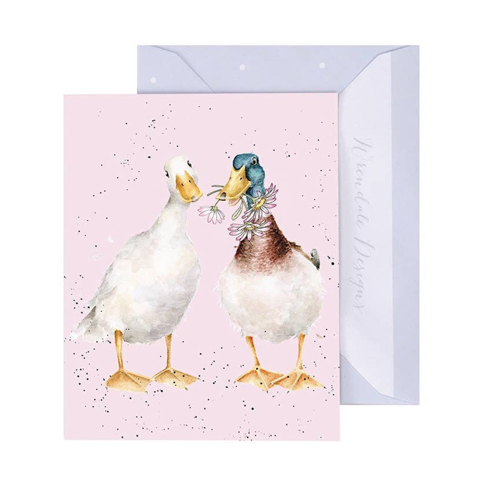 Watercolor illustration of two ducks with daisies on a pink background, a Wrendale Designs enclosure card and envelope.