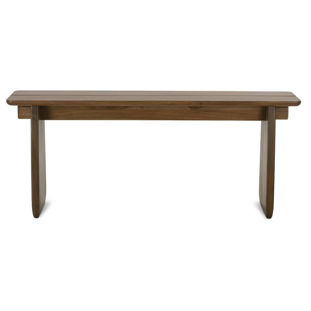Front view of modern walnut console table with rounded plank top, clean lines and sculptural panel legs.