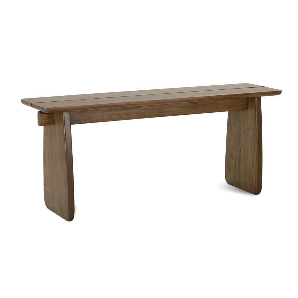 Modern walnut console table with rounded edges, plank top and sculptural panel legs for contemporary interiors.