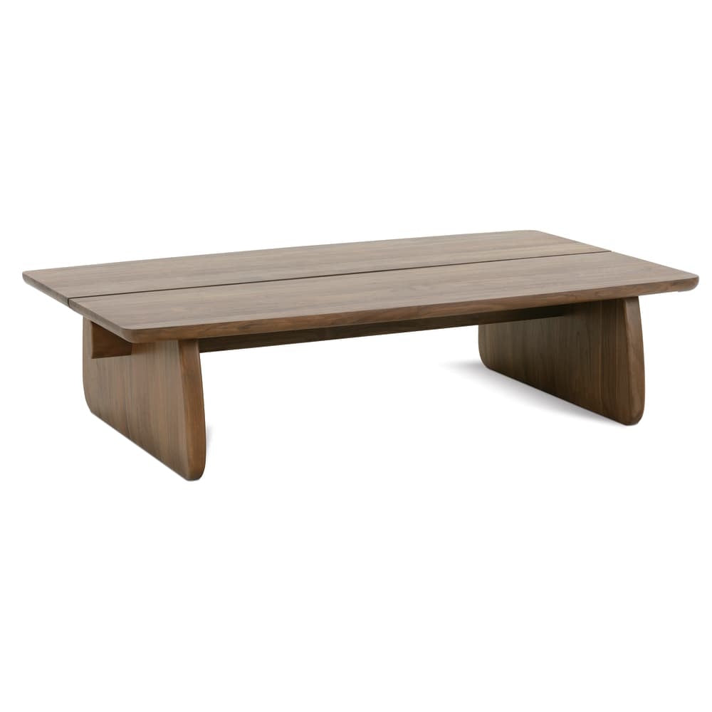 Modern walnut cocktail table with rounded rectangular top, sculptural panel legs and clean contemporary design.