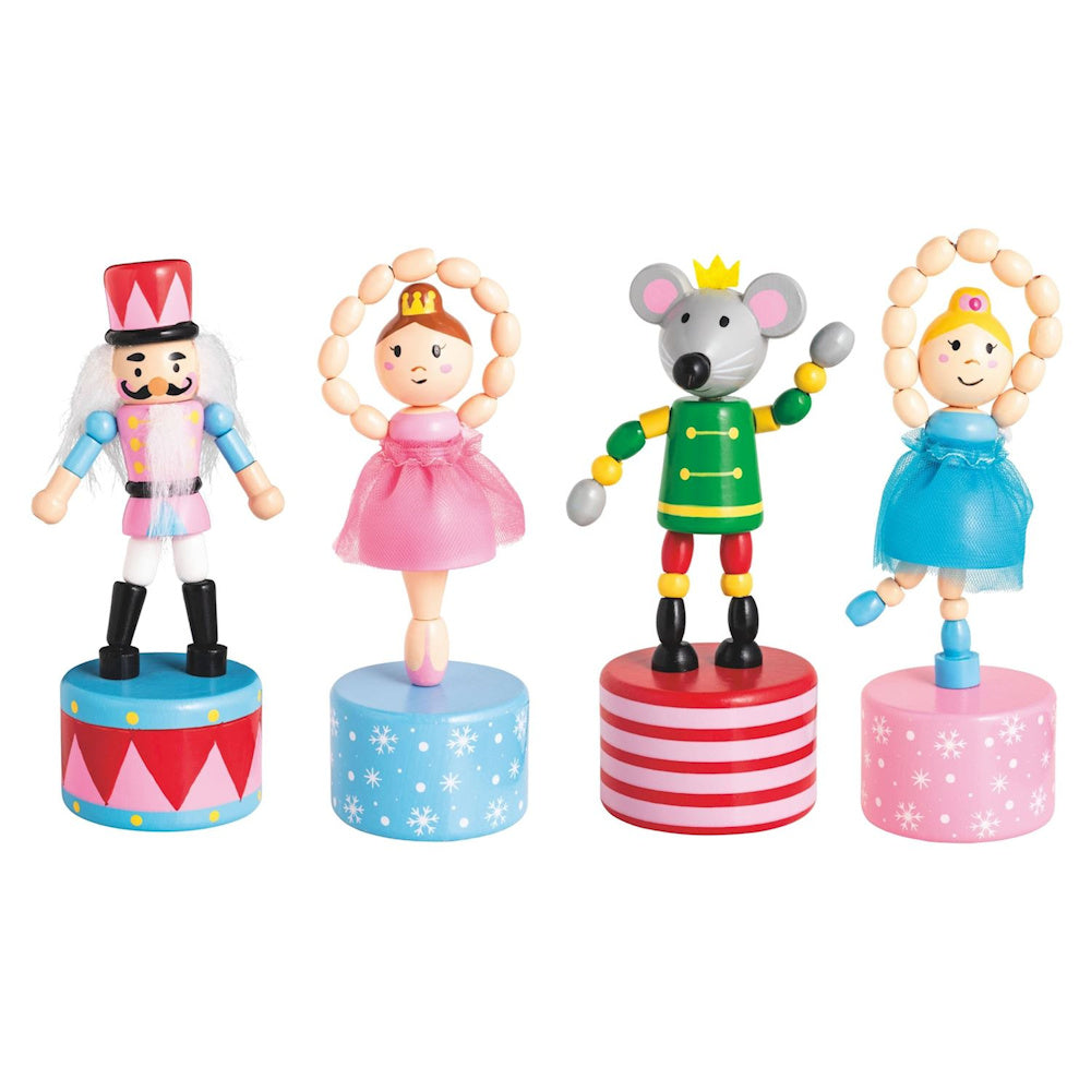 Set of four wooden Nutcracker push-up toys featuring a soldier, two ballerinas, and the Mouse King on colorful bases.