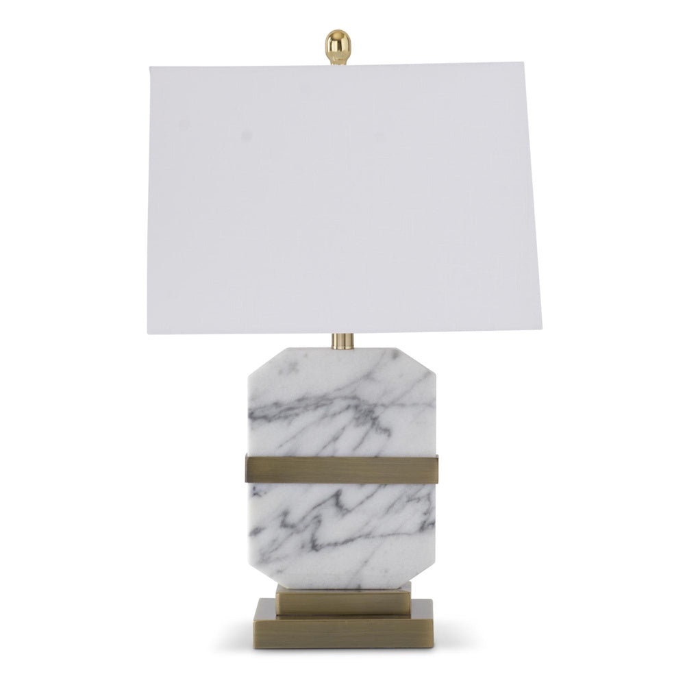 Octagon Arabescato white marble table lamp with brushed gold accents and a white rectangular shade.