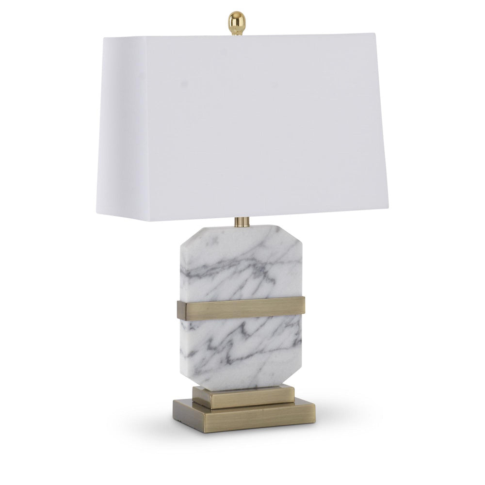 Octagon Arabescato white marble table lamp with a white rectangular shade and brushed gold metal base and accents.