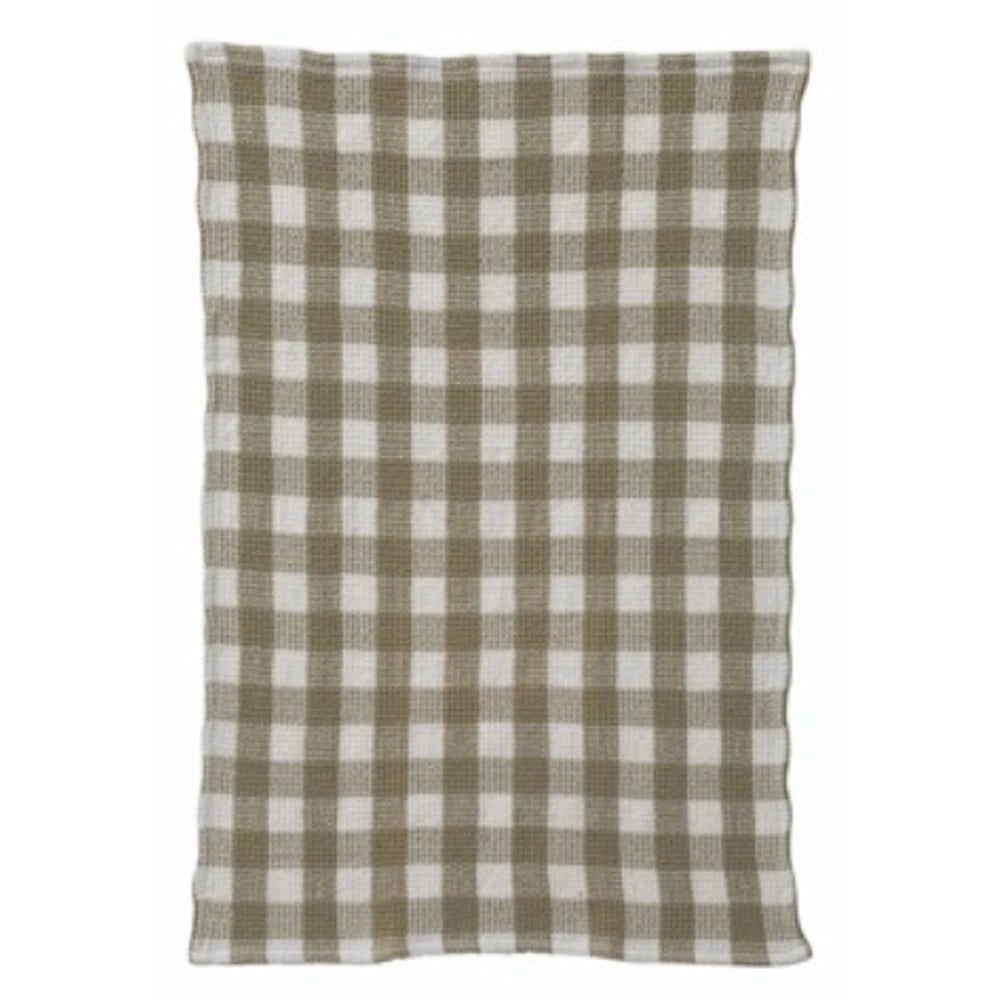 Rectangular waffle-weave tea towel with a beige and white gingham check pattern.