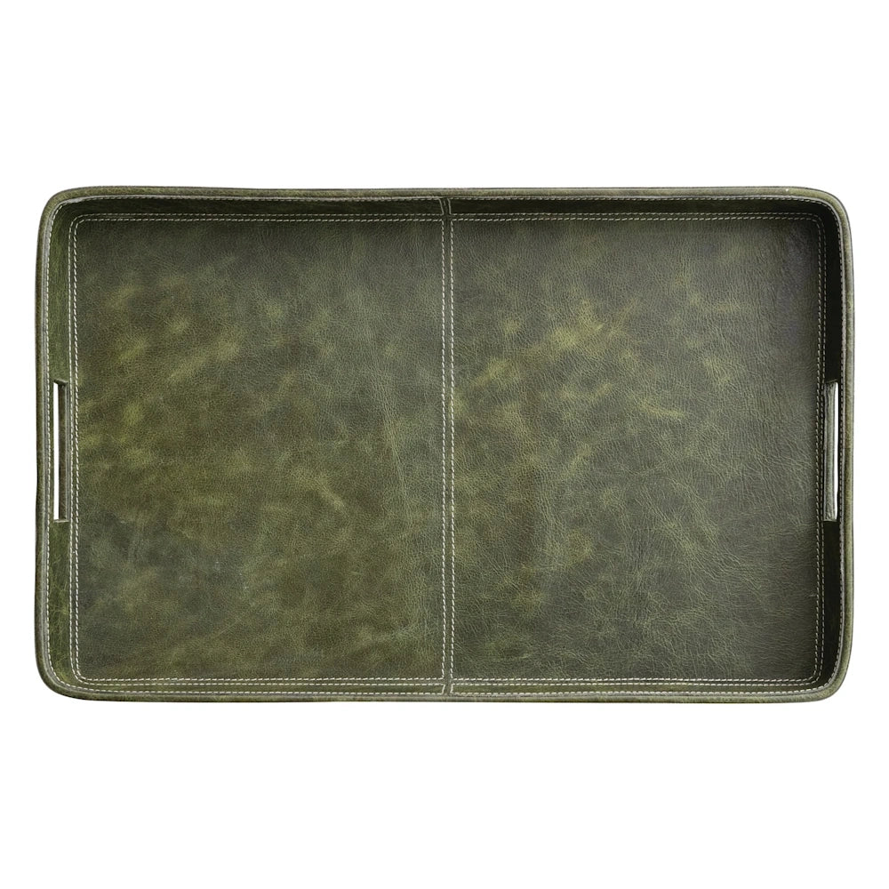 Olive green leather decorative tray with handles, rectangular suede serving tray for coffee table or ottoman.