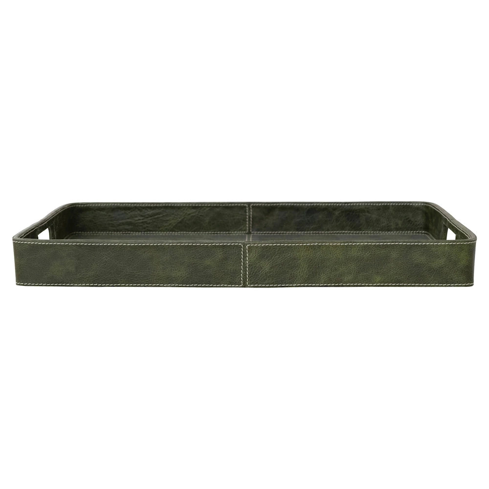 Olive green decorative leather tray with white stitching and handles, perfect for home organization and coffee table decor.