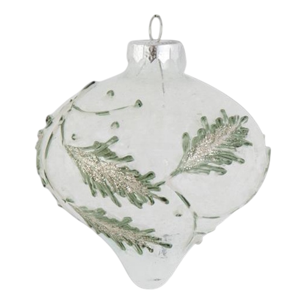 Snowy clear glass onion ornament with green leaf designs.