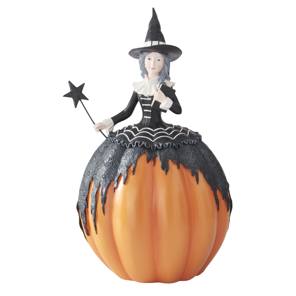 Single witch figurine with a pumpkin lower body, wearing a black dress and holding a star wand.