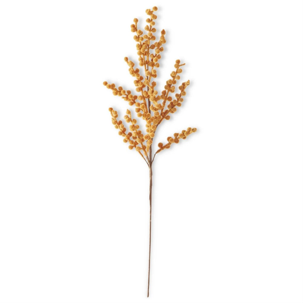 A single, decorative faux plant stem featuring textured, golden-orange flocked berries on a white background.