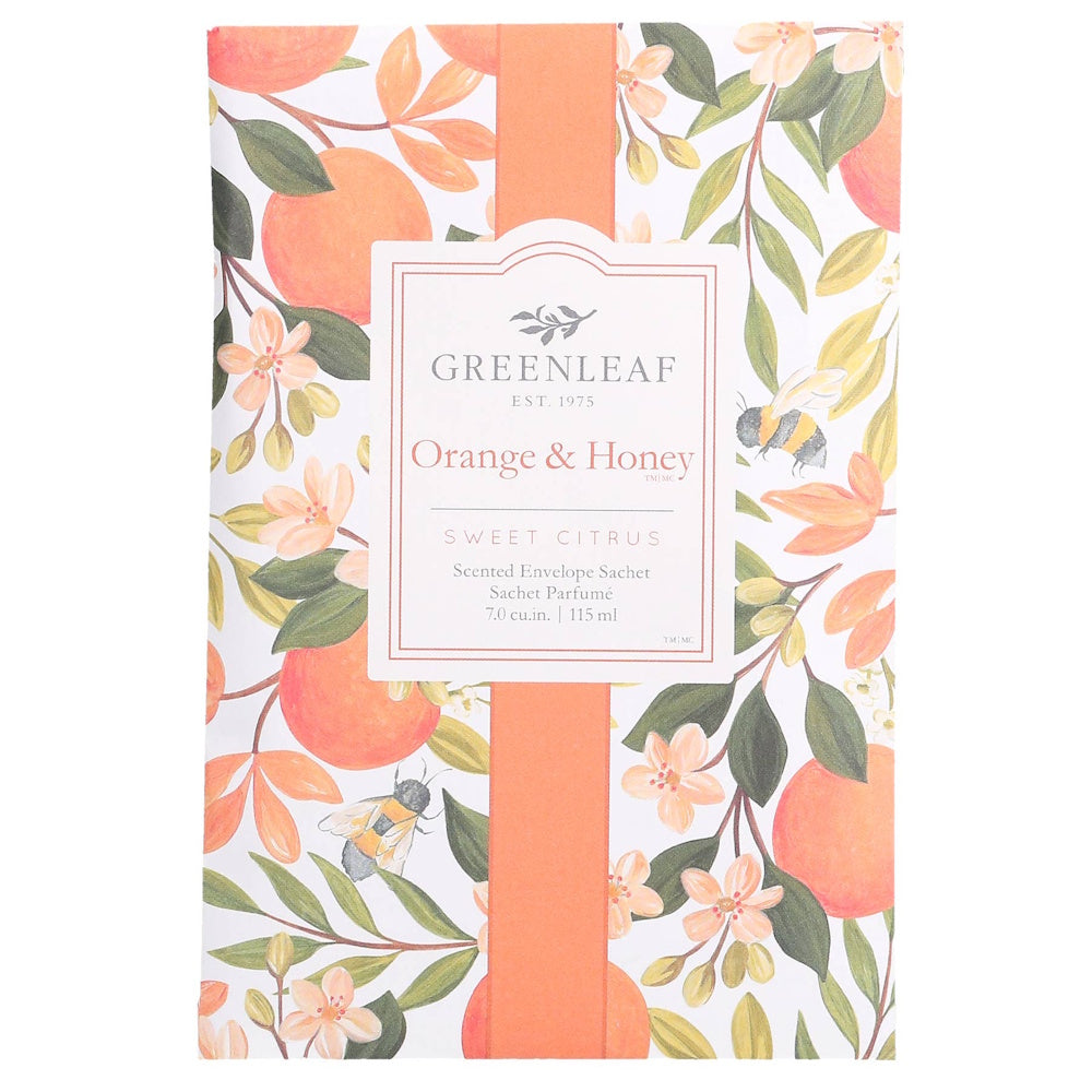 Greenleaf Orange & Honey scented envelope sachet with citrus, floral, and bee illustrations for home fragrance.