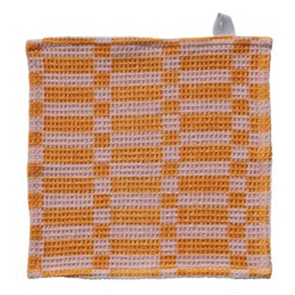 Square waffle-weave dishcloth with an orange and pink checkered pattern and a small gray hanging loop.